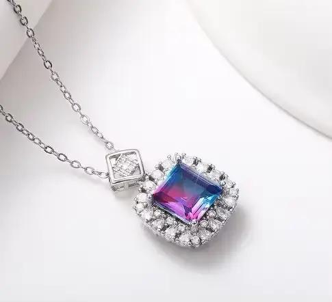 Collier Femme Vintage 925 en argent Sterling Tourmaline empilable coupe carrée collier complet en Zi