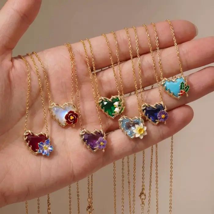 Collier Fleur du Mois Pendentif Cœur Pierre de Naissance Accessoire Bijoux Femme Occasions Spéciales