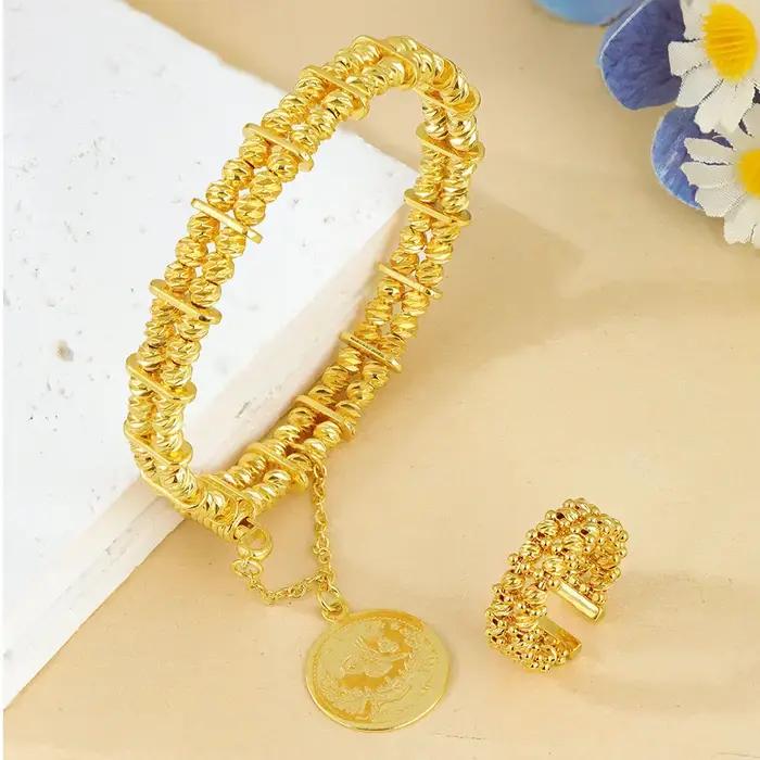 Ensemble de bracelets et bagues en perles de mode arabe, plaqué or 24 carats, Bracelet de mariage de