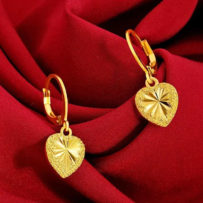 Boucles d'oreilles pendantes en or jaune 24 carats pour femmes, bijoux fins en forme de cœur romanti