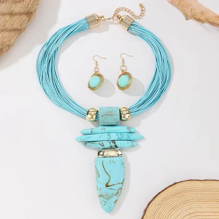 Ensemble de bijoux occidentaux tendance, collier et boucles d'oreilles fantaisie en imitation turquoise et corde cirée, accessoires de fête pour femmes