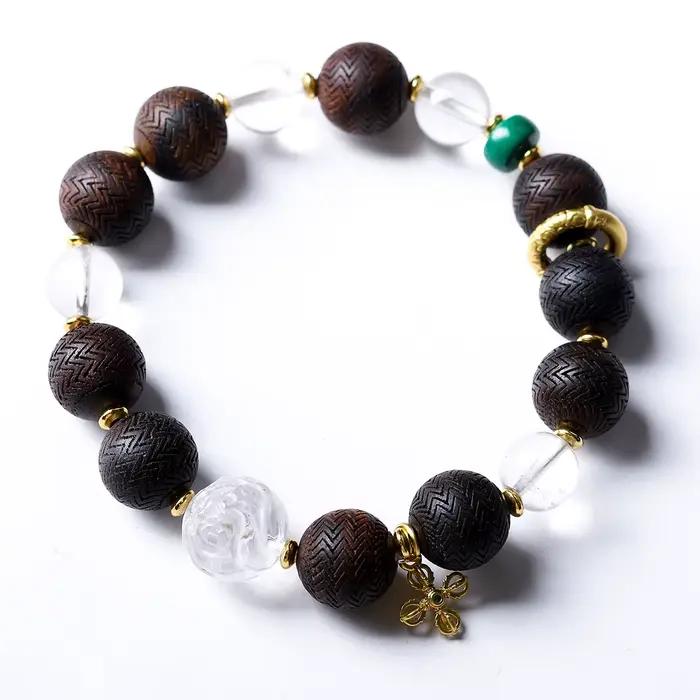 Bracelets en perles de cristal blanc naturel et d'agarwood pur, Mala traditionnel pour poignet, cadeaux pour hommes et femmes