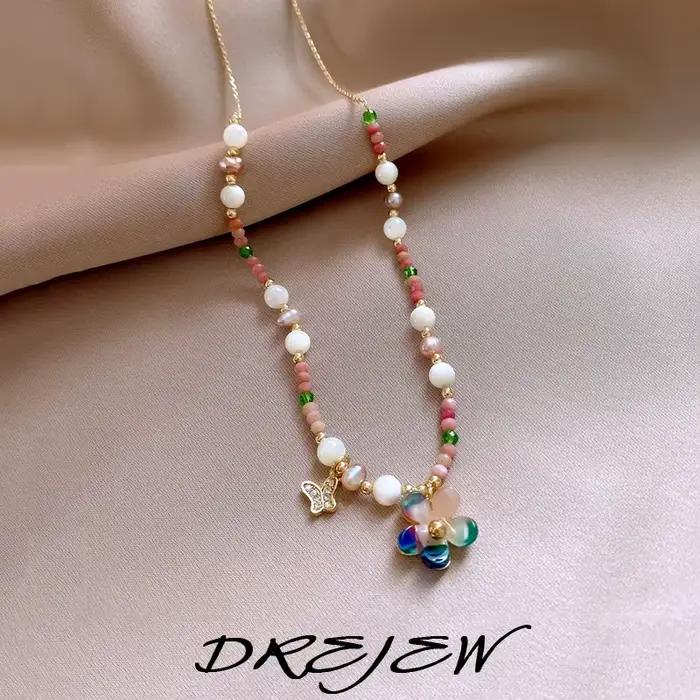 DREJEW Beizhu pierre rouge perles fleurs papillon collier pour femmes Dopamine vacances Style doux luxe concepteur bijoux