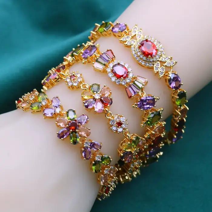 Bracelet tennis plaqué or 18 carats, zircone multicolore, élégant, style rétro, tenue quotidienne, cadeau de Noël