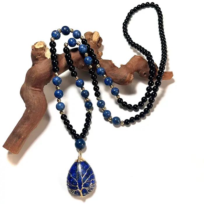 Collier de perles d'onyx noir Lapis Lazuli avec pendentif Lapis Lazuli pour hommes et femmes