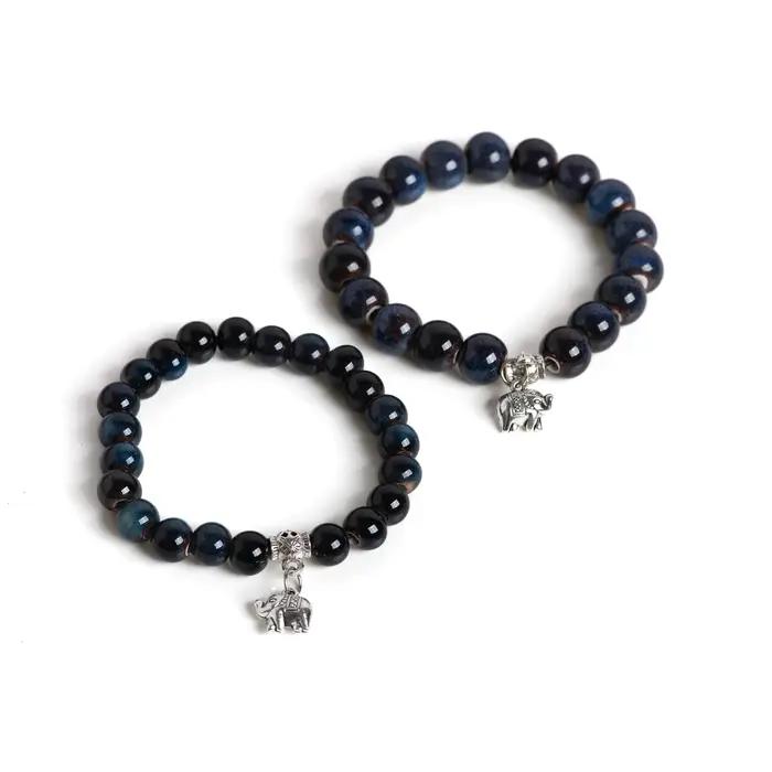 Bracelet Éléphant en Céramique Fait Main Style Boho Pierres Précieuses Perles Bleues Unisexes Occasions Spéciales