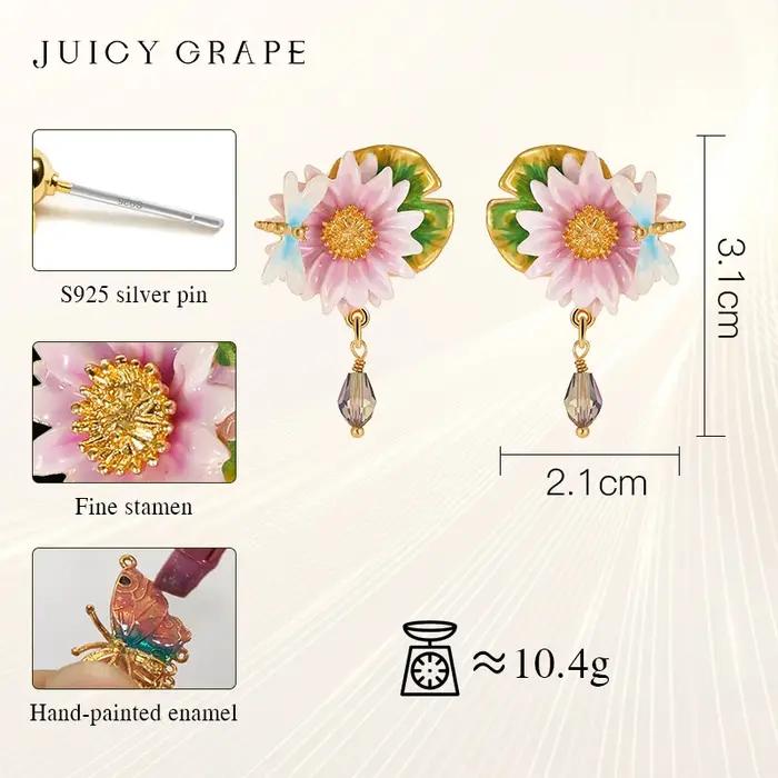 Boucles d'oreilles pendantes en forme de fleur de Lotus en émail de raisin juteux pour femmes