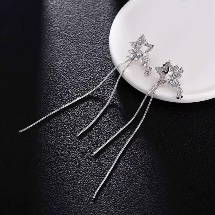 Boucles d'oreilles bohèmes étoilées en argent sterling 925 avec zirconium pour femmes, pendentifs longs pour parties et occasions spéciales