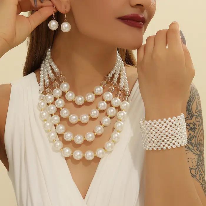 Ensemble de bijoux de mariage pour femmes, élégant, Imitation de perles en cristal, multicouche, fai