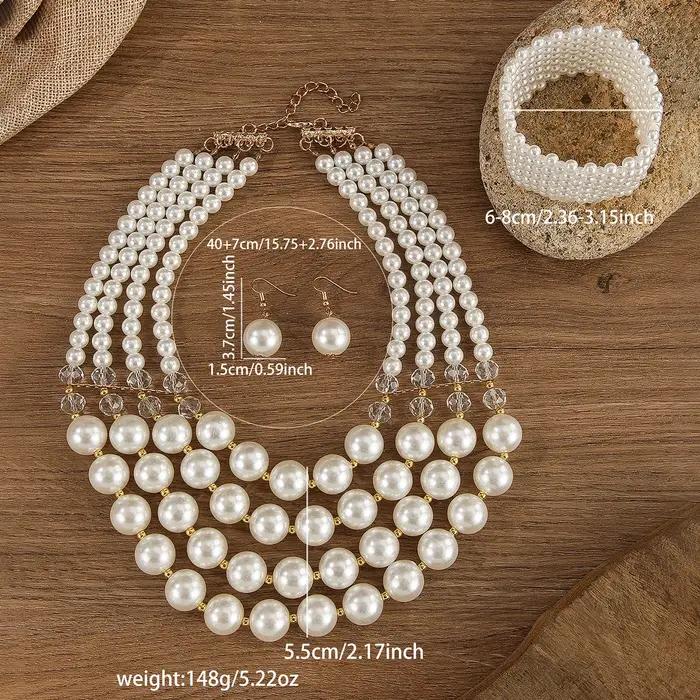 Ensemble de bijoux de mariage pour femmes imitation perles en cristal multicouche fait main collier boucles d'oreilles bracelet occasions spéciales