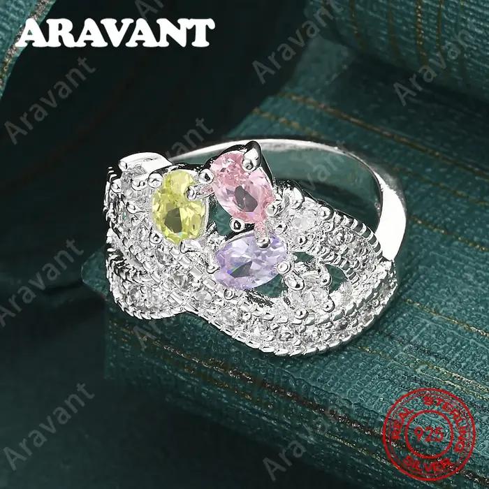 Bague en argent sterling 925 avec zircone ovale tricolore - Un bijou de fiançailles frais et élégant pour femme.