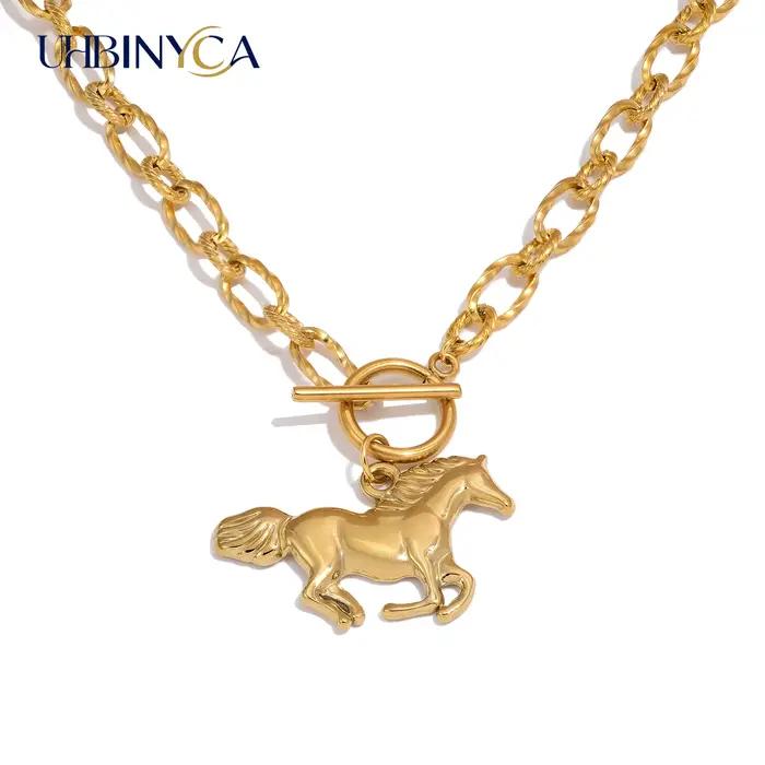Collier avec pendentif cheval des 12 signes du zodiaque en acier inoxydable plaqué or pour femme soiree partie quotidienne