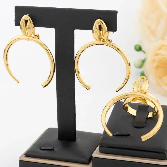 Ensemble de bijoux de dubaï pour femmes, couleur or, boucles d'oreilles rondes, anneau circulaire ré
