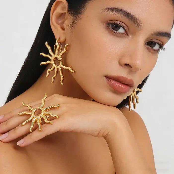 Ensemble de bijoux boucles d'oreilles et bague couleur or pour filles