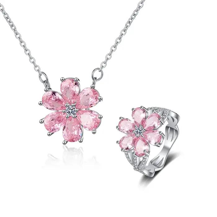 Ensemble de Bijoux en Argent Sterling 925 avec Fleurs Roses et Perles pour Occasions Spéciales Femme
