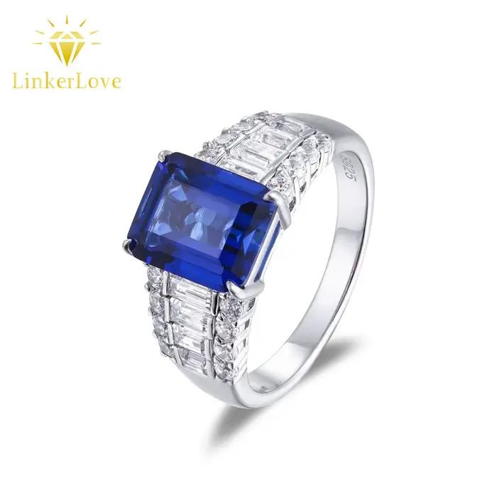 Bague de fiançailles statement LinkerLove en argent S925 avec saphir taille émeraude 4 carats et accents de zircon baguette et rond pour femme