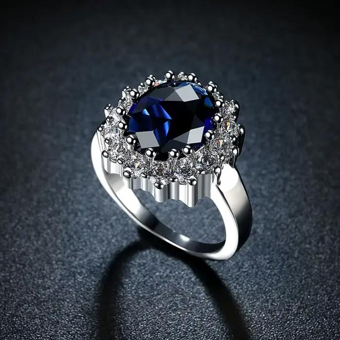 Princesse Diana William Kate bagues en pierres précieuses saphir bleu mariage fiançailles 925 bague en argent Sterling pour les femmes