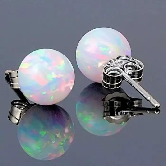 Boucles d'oreilles en opale de feu blanche pour femmes, créées en boule, aiguille en argent 2021, ve