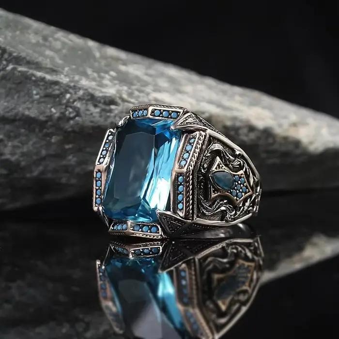 Bague Totem mystérieux turc Vintage fait à la main pour hommes, couleur argent antique, bague de fiançailles, de mariage, bijoux de fête, cadeau d'anniversaire