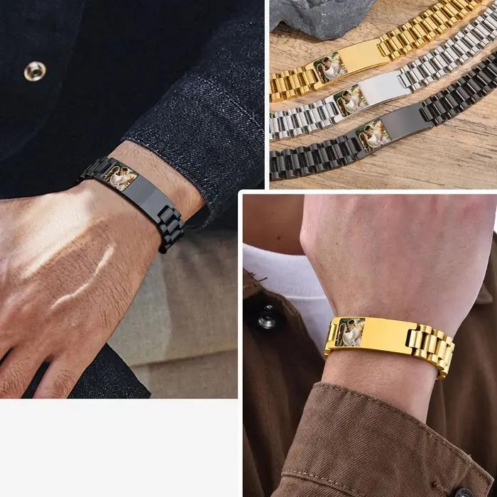 Bracelet personnalisé en acier inoxydable avec photo et identification pour homme occasions spéciales cadeau pour grand-père père frère