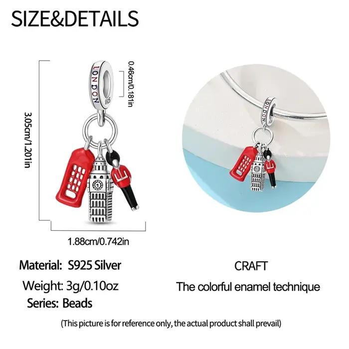 Breloque en argent sterling 925 sertie de zirconium blanc design Big Ben original pour bracelet femme occasions spéciales création DIY