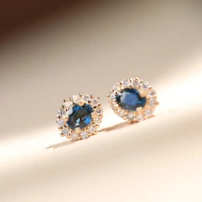 Boucles d'oreilles en argent Sterling S925 plaqué or 18 carats incrusté de Zircon bleu