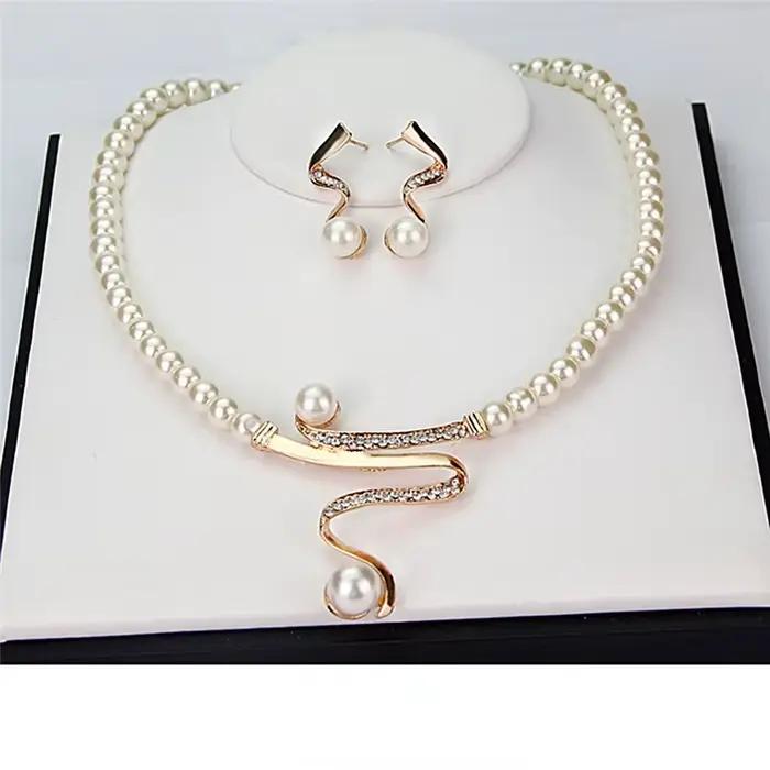 3 pièces/ensemble femmes mariée élégante fête de mariage perle strass collier boucles d'oreilles ensemble de bijoux nouvelle mode