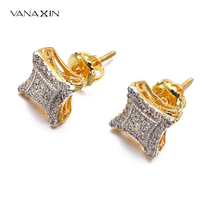 VANAXIN Hip Hop Zircon carré Bling boucle d'oreille matériau en laiton glacé plaqué or 14 carats pour femmes hommes bijoux