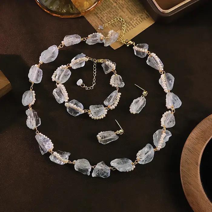 Parure de bijoux en perles d'eau douce naturelles et aigue-marine élégante pour femme occasions spéciales banquets plage quotidiennes