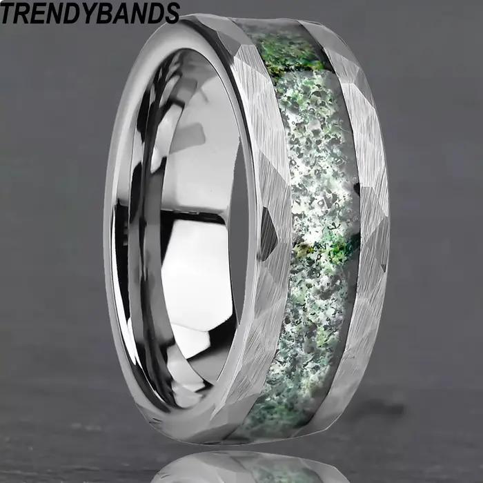 Bague en tungstène martelé avec incrustation d'agate blanche, bijou de mode pour homme et femme, alliance résistante et élégante pour mariage et événements spéciaux