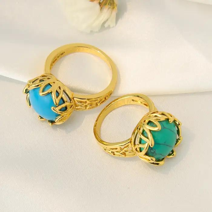 Bague A-YONG AYONG plaquée or 18 carats avec pierre turquois pour femmes, bague de cocktail vintage, bijou de soirée pour mariages arabes et occasions spéciales