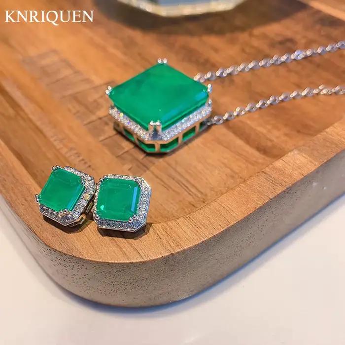 Collier pendentif en pierre précieuse émeraude carrée pour femme, boucles d'oreilles à tige vintage,