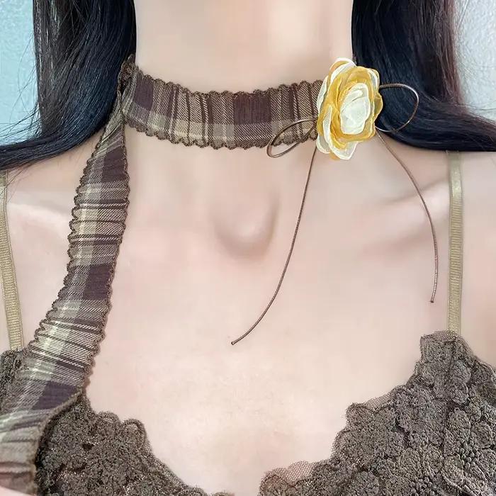 Colliers ras du cou en fil imprimé écossais plissé pour femmes, ruban Vintage français, écharpe à fleurs, chaîne de cou, bijoux de fête d'anniversaire