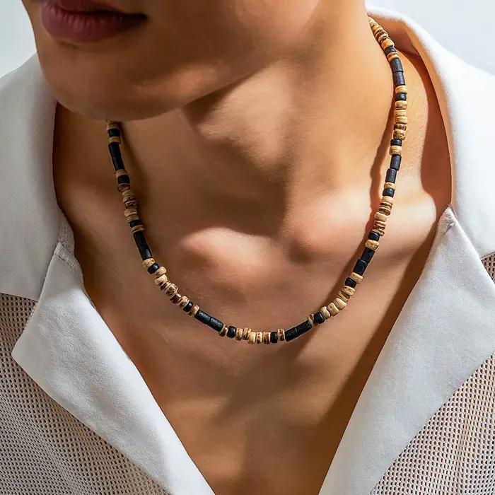 Collier chaîne de petites perles marron et noir pour hommes, ras du cou court en perles de bois, ten