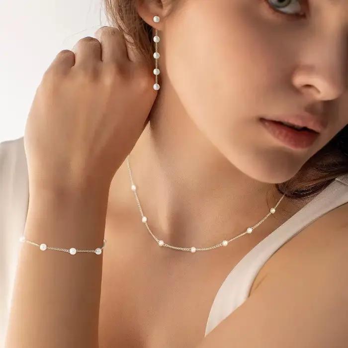 Minar – ensemble de bijoux classiques en perles d'imitation pour femmes, chaîne en laiton plaqué or véritable 14K, colliers, bracelets, boucles d'oreilles