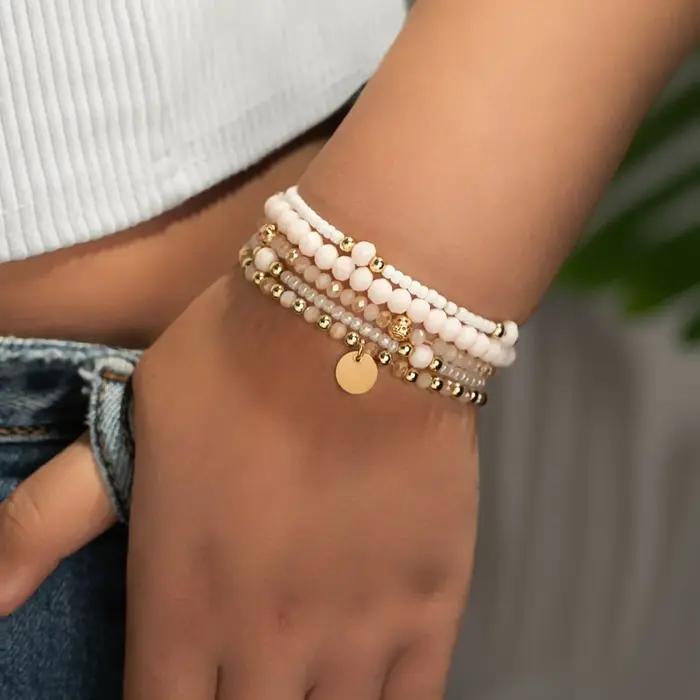 Ensemble de bracelets en perles de résine pour femmes, 5 pièces, pièce ronde, breloque, chaîne de pe