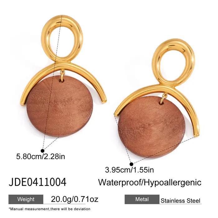 Uworld Vintage marron en bois circulaire pendentif boucles d'oreilles pour femmes 18K plaqué or en acier inoxydable boucle d'oreille bijoux imperméables