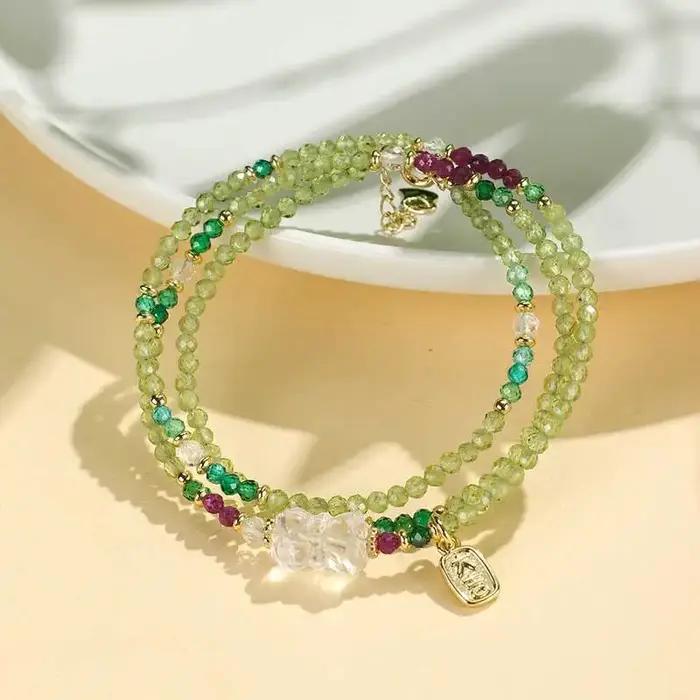 Bracelet à trois rangs en cristal de péridot de style chinois pour femmes, bijou 2 en 1 pour un usag