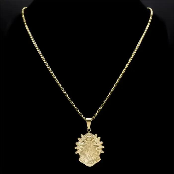 Collier de Notre-Dame d'Aparecida en acier inoxydable avec document en or pour femmes et hommes occasions spéciales mariage anniversaire cadeau de fête