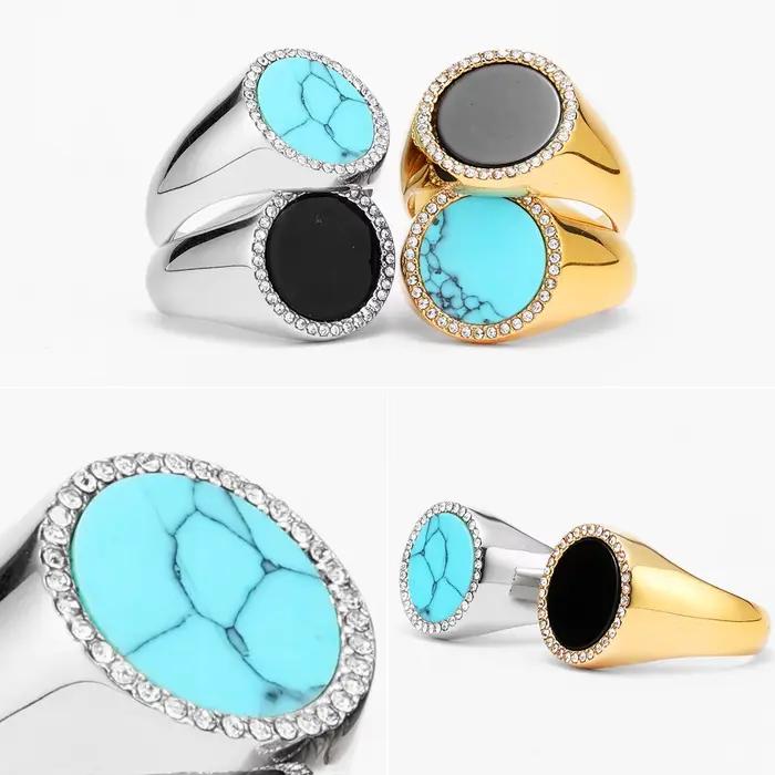 Bagues de luxe simples en acier inoxydable pour hommes et femmes, pierres précieuses Turquoise, Punk, nouveau, bijoux à la mode, cadeau créatif, vente en gros