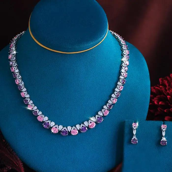 Pera – collier ovale de luxe en zircone rose et violette, boucles d'oreilles brillantes pour femmes, ensemble de bijoux pour mariage, banquet, soirée, J088