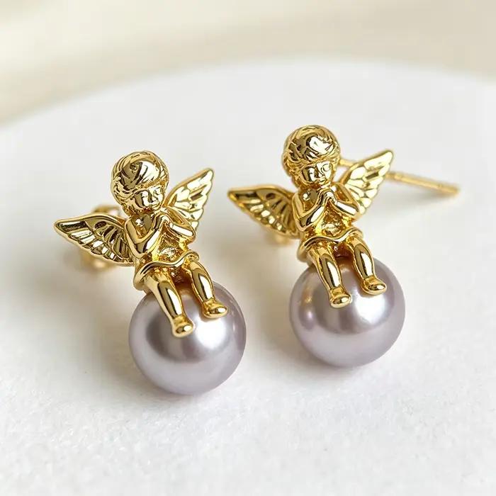 VOBIPY – boucles d'oreilles Cupidon en perles pour femmes, en argent 925 plaqué or 18 carats, rétro, mignonnes, pour fête de mariage, bijoux à la mode, cadeaux