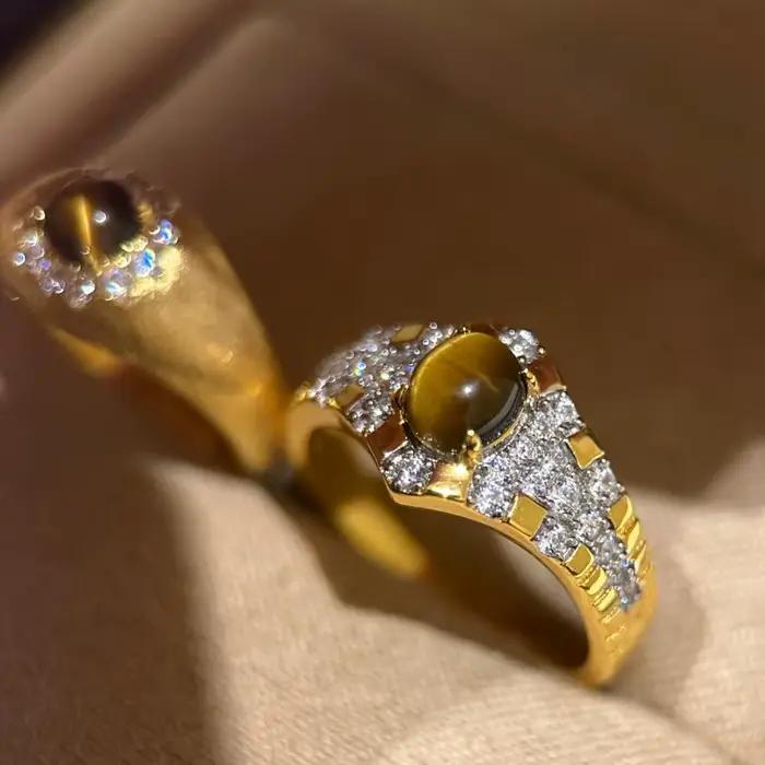 Bague vintage série pierre d'oeil de tigre pour femmes, style hip-hop, classique, artisanat de tréfilage, breloque légère, bijoux de luxe, couple