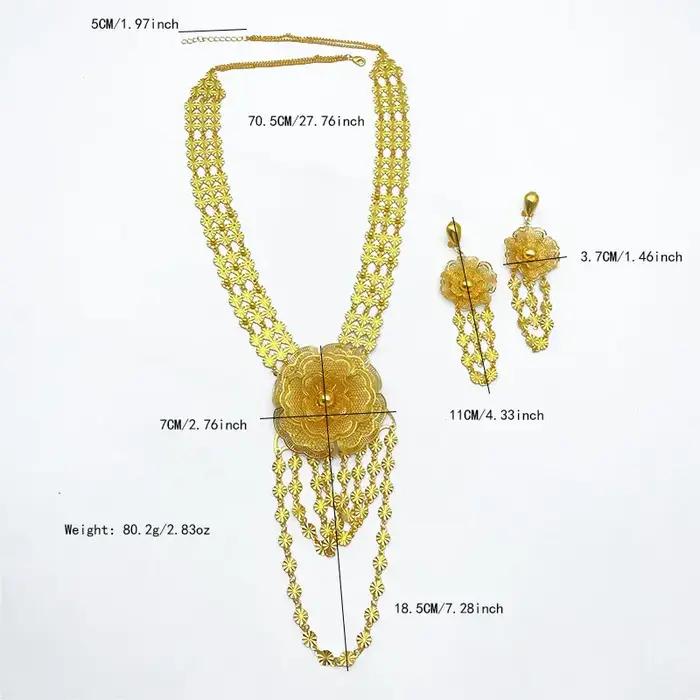 Ensemble de collier long et boucles d'oreilles de luxe plaquées or 24 carats style éthiopien et indien pour mariée et occasions spéciales