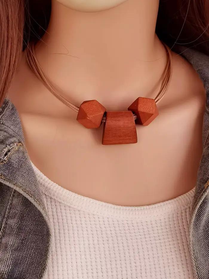 Collier minimaliste multi-brins pour femmes, avec perles géométriques en bois naturel, pendentif vintage Boho Chic, 03/Wear