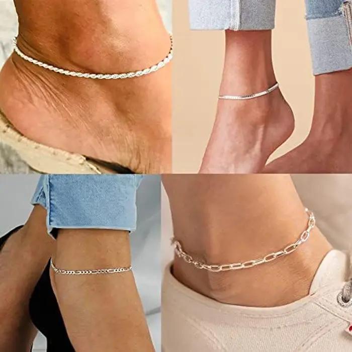 Bracelet de cheville en argent sterling 925 serti de motifs géométriques dorés pour femmes résistants à l'eau occasions estivales et plage
