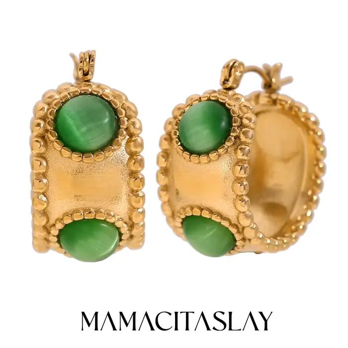 Boucles d'Oreilles Créoles Rétro en Acier Inoxydable 316L avec Bordure Perlée en Agate Plaquée Or 18 Carats Bijoux Étanches Pour Femme Usage Quotidien Occasions Spéciales