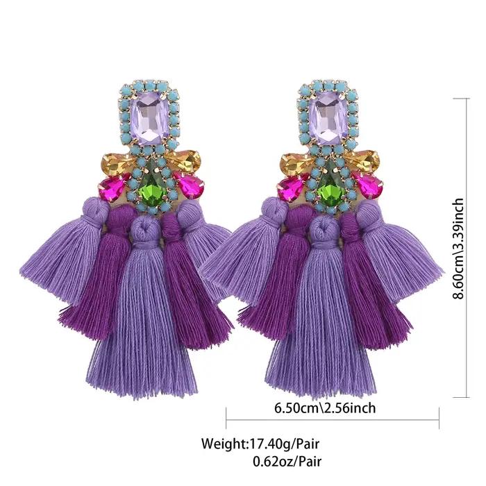 Boucles d'oreilles pendantes bohèmes exagérées en strass faites à la main avec pompons pour femme