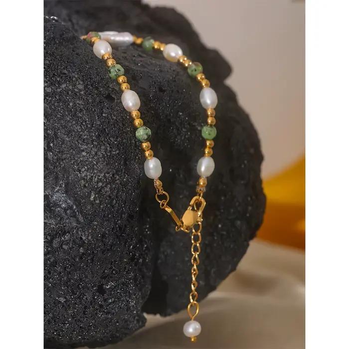 Yhpup luxe Baroque naturel Epidote pierre perles d'eau douce à la main en acier inoxydable perles Bracelet Bracelet PVD bijoux femmes