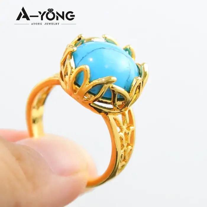 Bague A-YONG AYONG plaquée or 18 carats avec pierre turquois pour femmes, bague de cocktail vintage, bijou de soirée pour mariages arabes et occasions spéciales